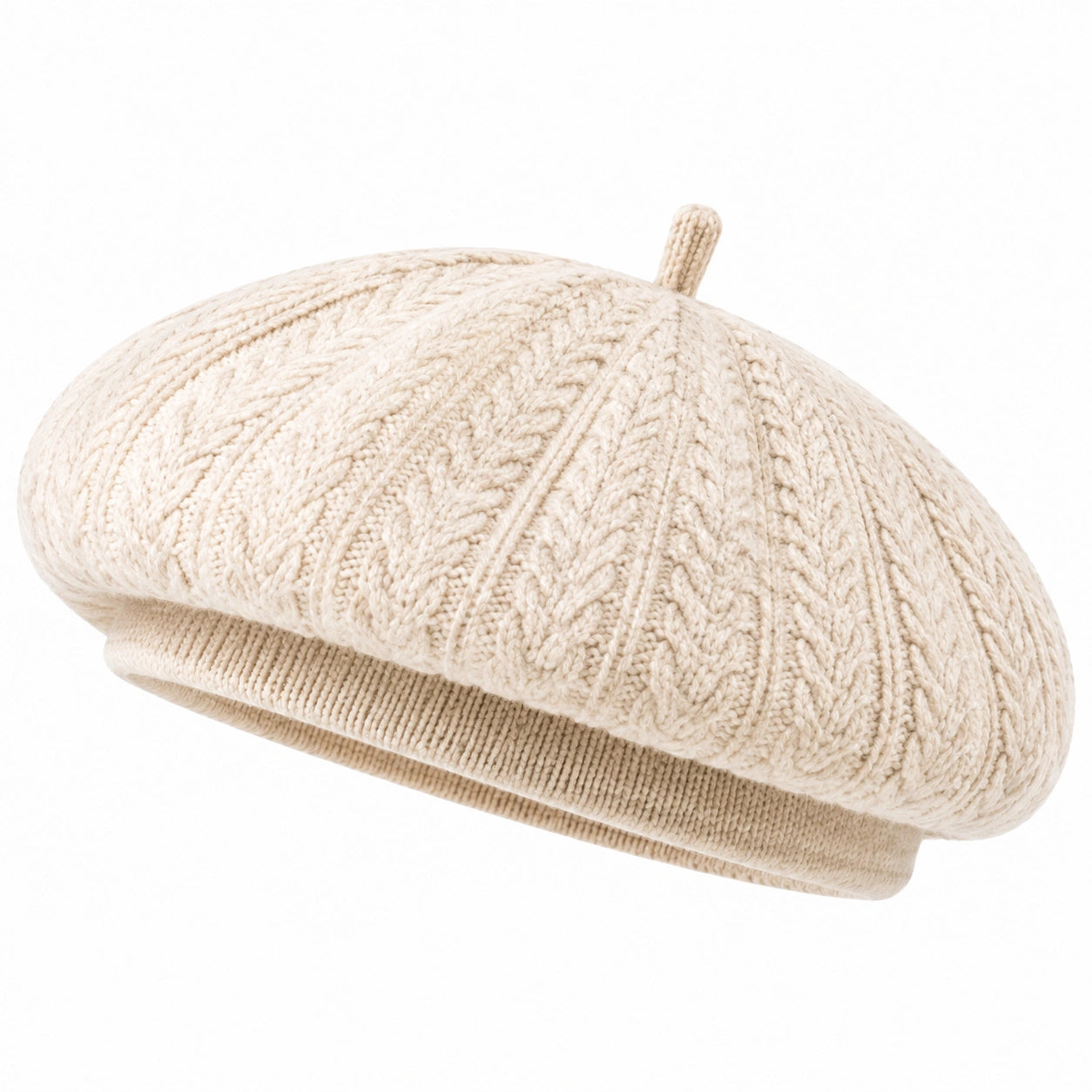 Strick-Barettmütze Einheitsgröße aus Stricktextil in Creme mit Zopfmuster
