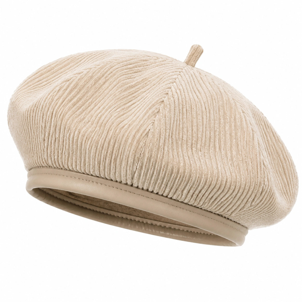 Baskenmütze Einheitsgröße aus Cord Beige mit Kunstlederrand für Alltag