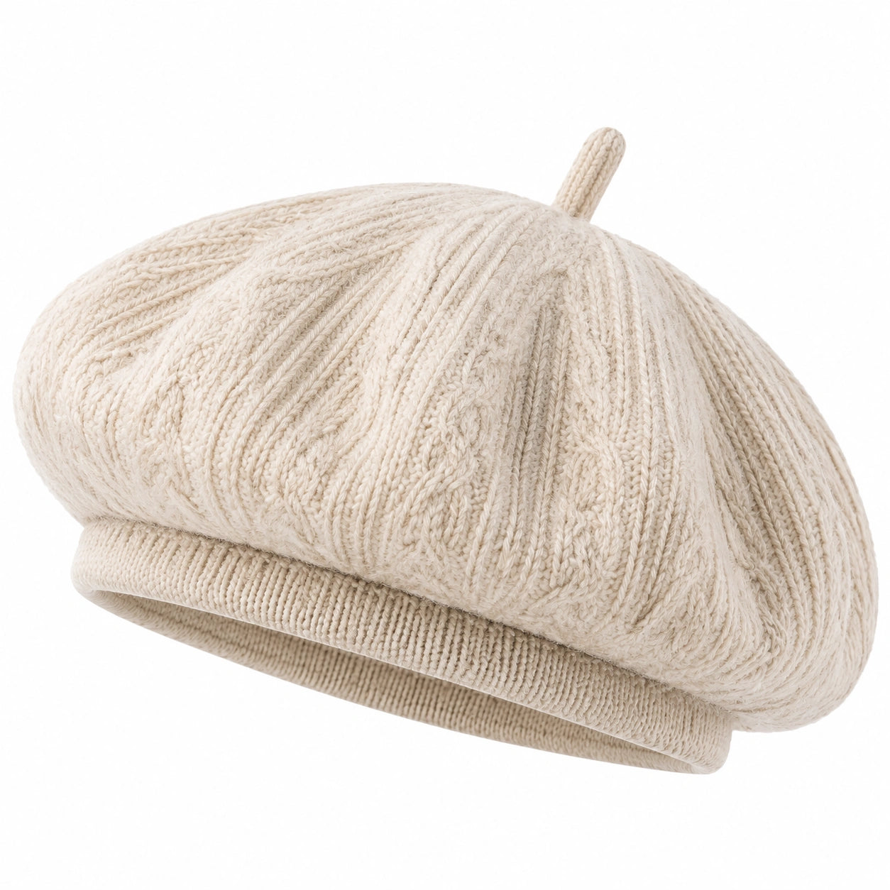 Baskenmütze Einheitsgröße aus Strick in Creme mit Rippstruktur für Damen und Herren