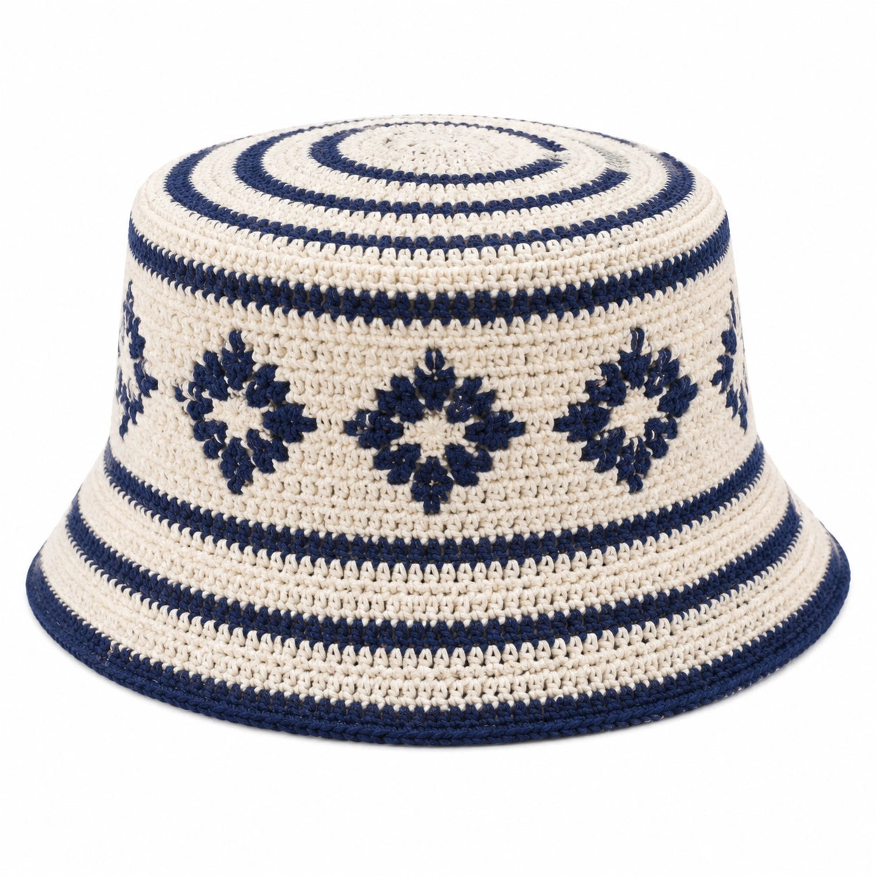 Bucket Hat Einheitsgröße aus Textilgarn Blau Creme gehäkelt mit Blumenmuster