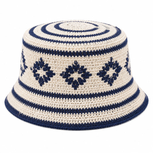 Bucket Hat Einheitsgröße aus Textilgarn Blau Creme gehäkelt mit Blumenmuster