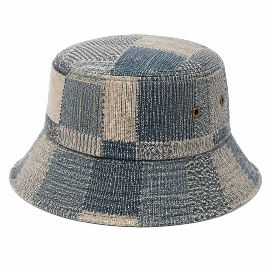 Anglerhut Einheitsgröße aus Textilgewebe Blau Beige mit Patchworkmuster