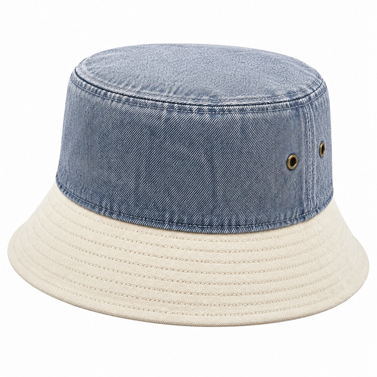 Bucket Hat Einheitsgröße aus Baumwollstoff in Blau Beige mit Ösen