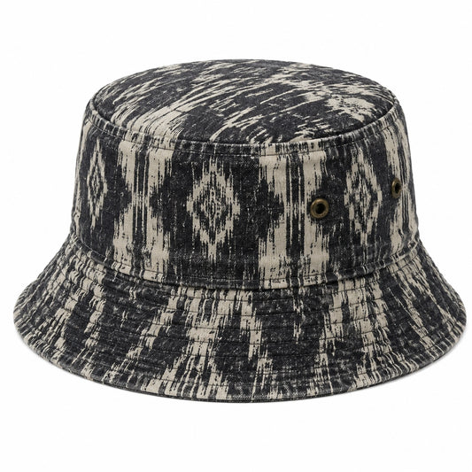 Bucket-Hut Einheitsgröße aus Textilgewebe Schwarz Beige mit breiter Krempe