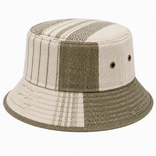 Fischerhut Einheitsgröße aus gewebtem Textilstoff in Beige und Olivgrün mit Streifenmuster