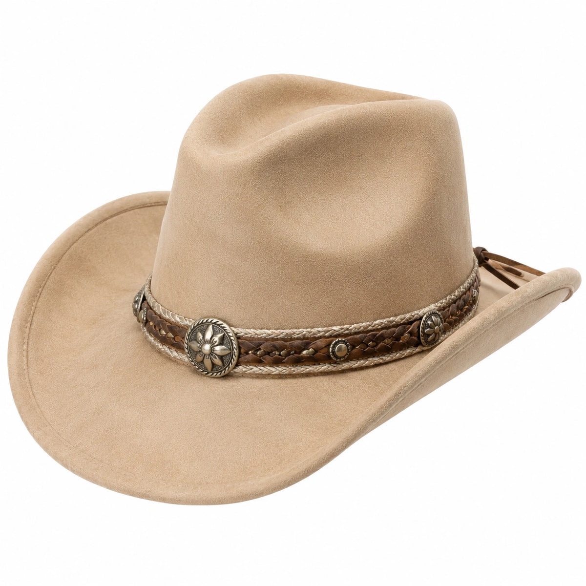 Cowboyhut Einheitsgröße Beige in Veloursoptik mit geflochtenem Zierband Westernstil