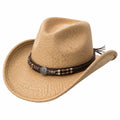 Cowboyhut Einheitsgröße aus geflochtenem Stroh in Naturbraun mit Zierband für Freizeit und Outdoor