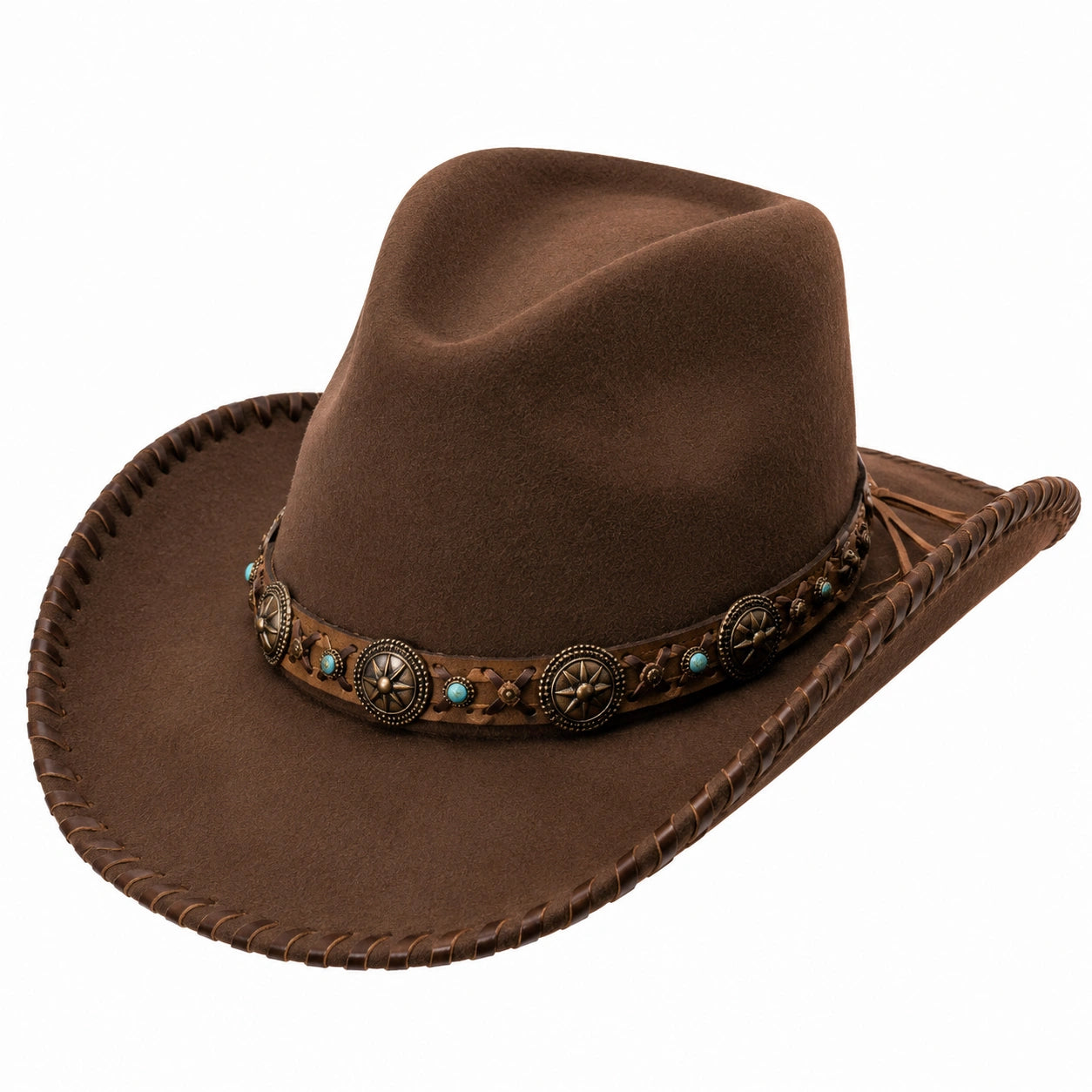 Cowboyhut Einheitsgröße aus braunem Kunstleder mit Zierband im Westernstil