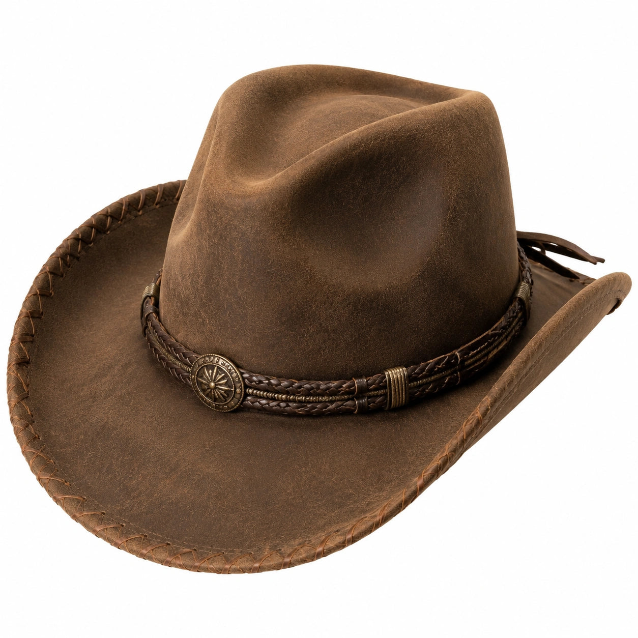 Cowboyhut Einheitsgröße braunes Leder mit geflochtenem Band im Westernstil
