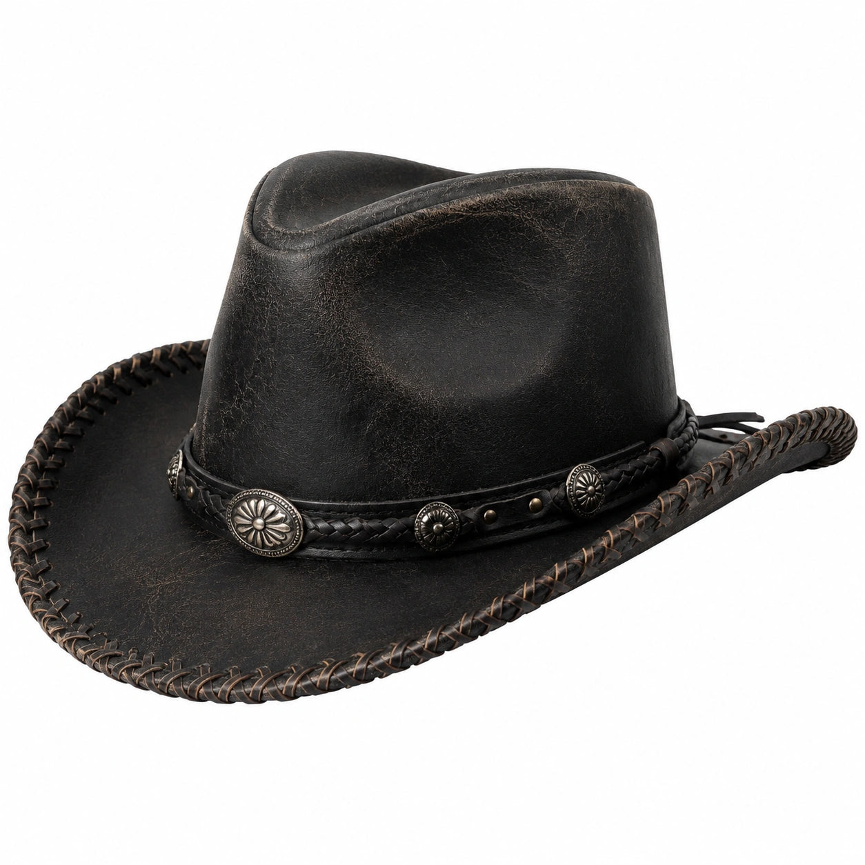 Cowboyhut Einheitsgröße Schwarz Kunstleder mit geflochtenem Band Westernstil