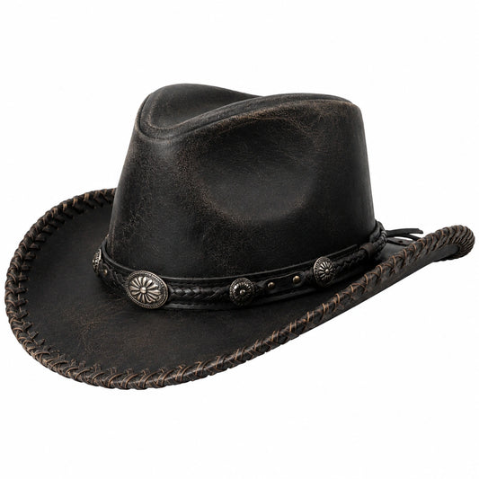 Cowboyhut Einheitsgröße Schwarz Kunstleder mit geflochtenem Band Westernstil