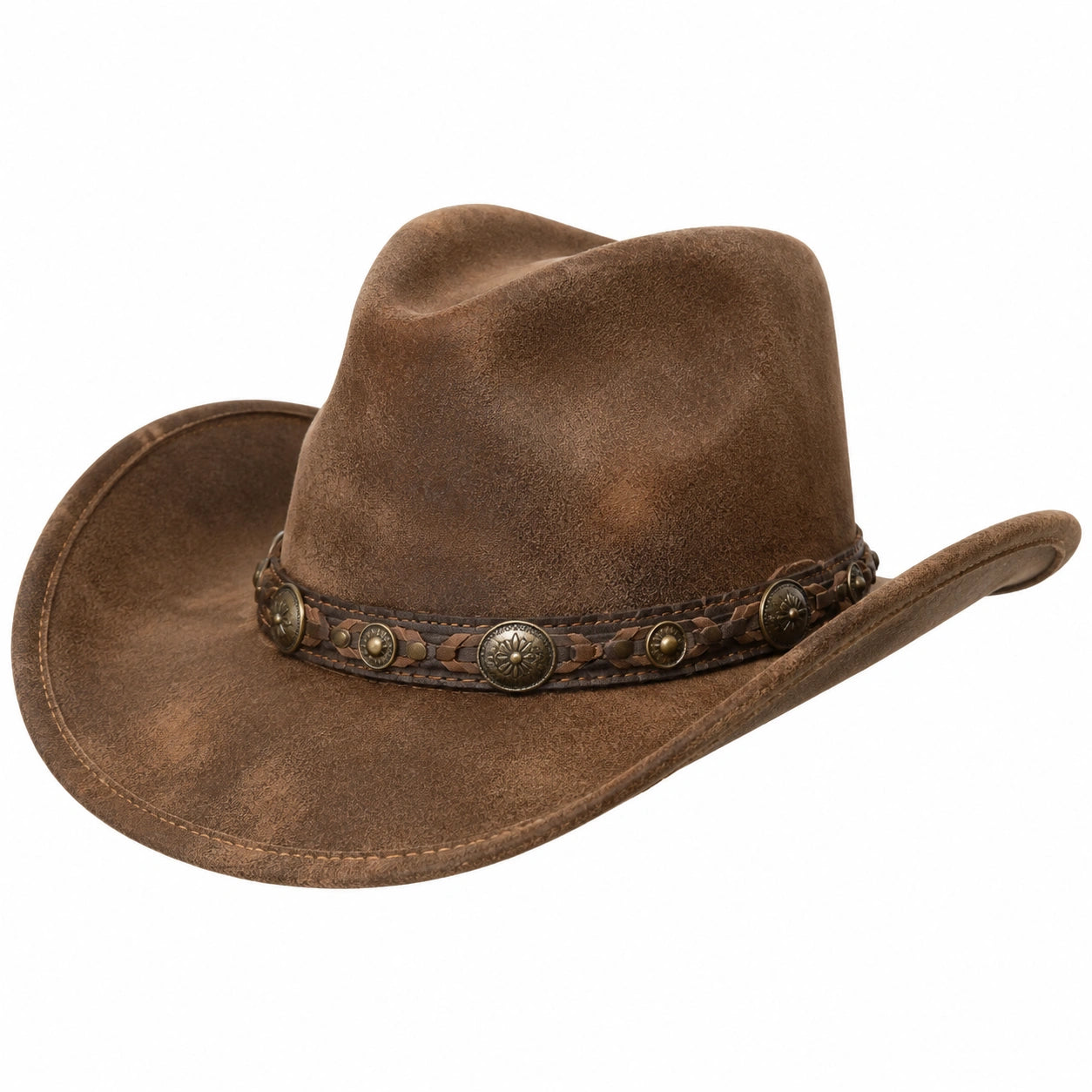 Cowboyhut Einheitsgröße Braun in Lederoptik mit Nietenband im Westernstil