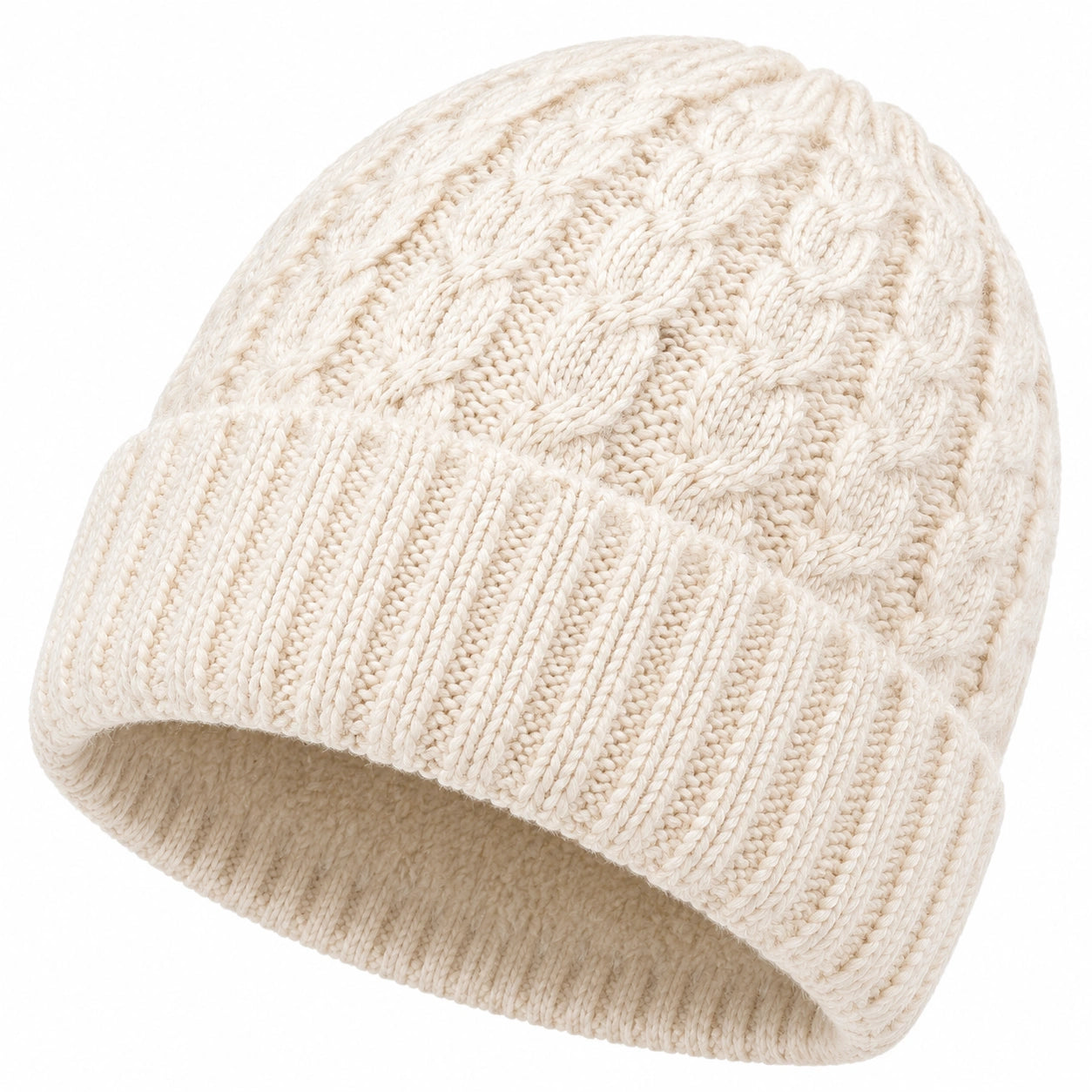 Strickmütze Einheitsgröße Cremeweiß mit Zopfmuster und Umschlag