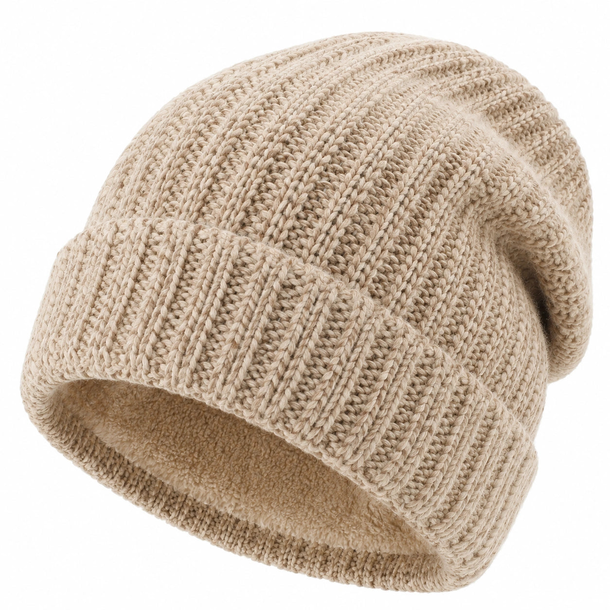 Strickmütze Einheitsgröße Beige mit Fleecefutter für Winter