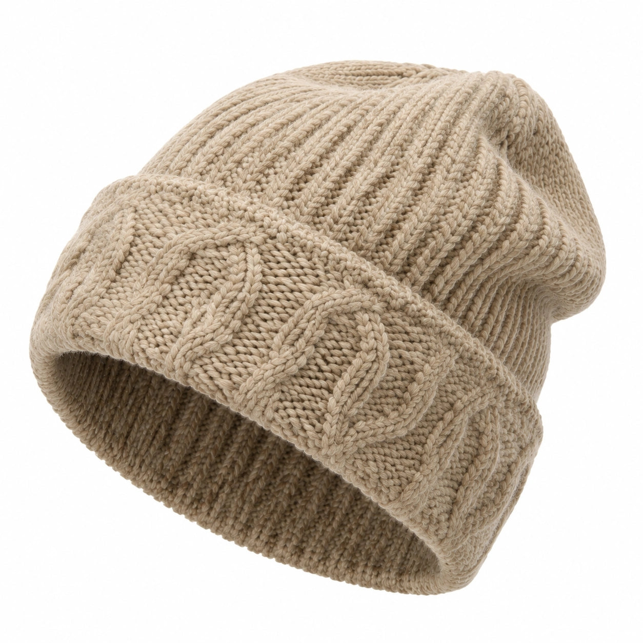 Strickmütze Einheitsgröße Beige aus Stricktextil mit Umschlag und Zopfmuster