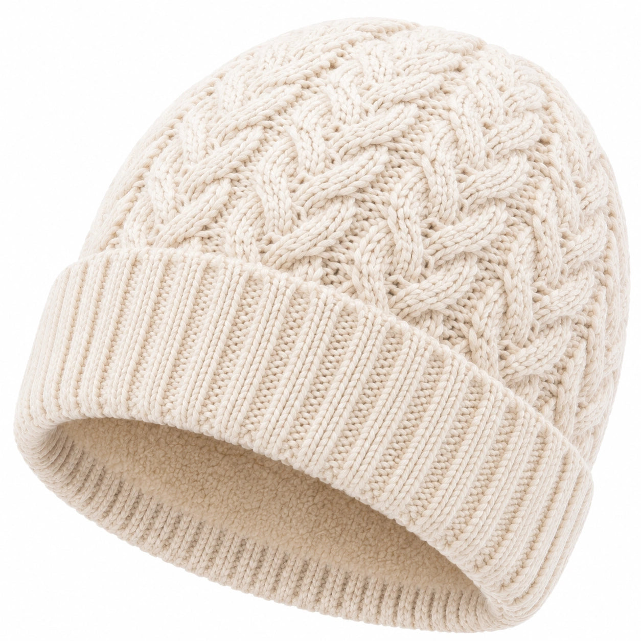 Strickmütze Einheitsgröße Creme mit Fleecefutter für Damen und Herren