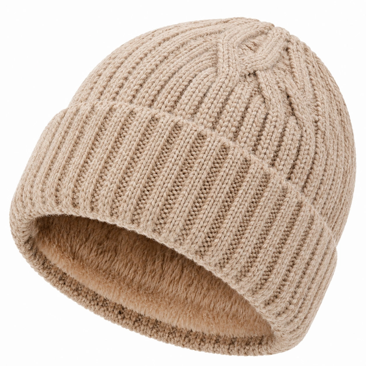 Strickmütze Einheitsgröße Beige mit Rippstruktur und Fleecefutter für den Winter