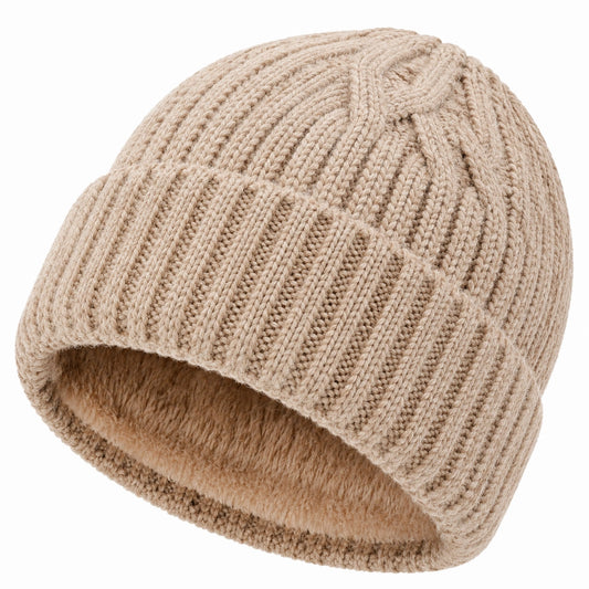 Strickmütze Einheitsgröße Beige mit Rippstruktur und Fleecefutter für den Winter