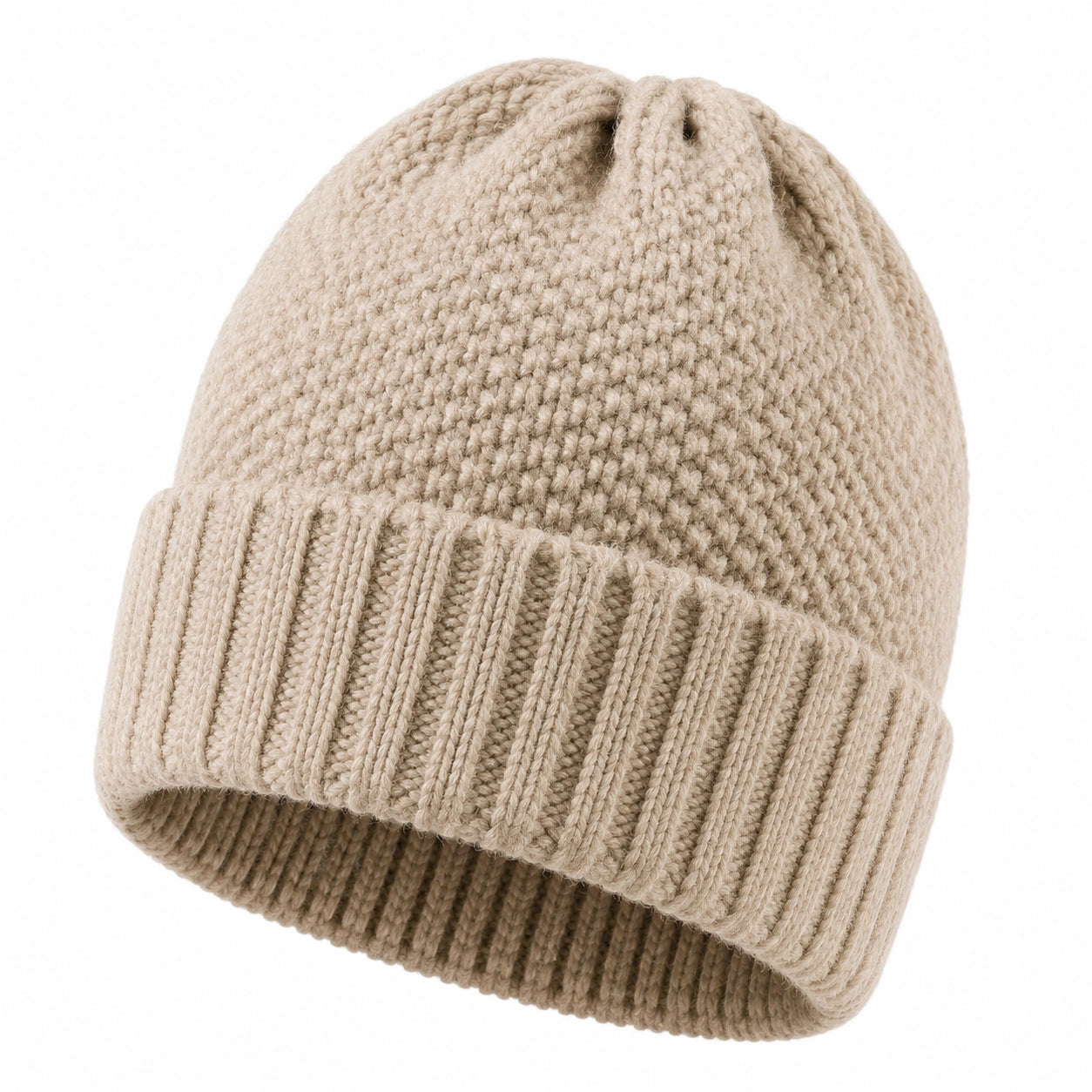 Strickmütze Einheitsgröße Beige mit Umschlag für Erwachsene